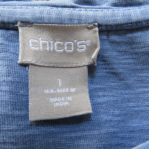 Chico's Knit Embroidered Panel Tee Top Blue Short Sleeves size 1 (M 8-10) EUC - Picture 6 of 7